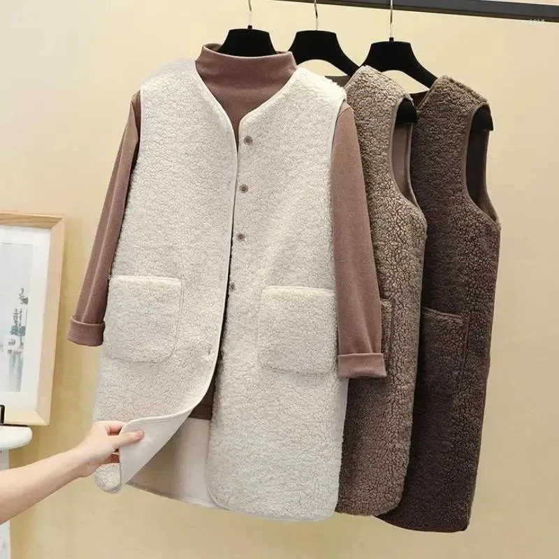 Damenwesten Frauen Lange Mäntel Weste Winter Herbst Lammwolle Thermoweste Warme Fleece ärmellose Jacke Damen