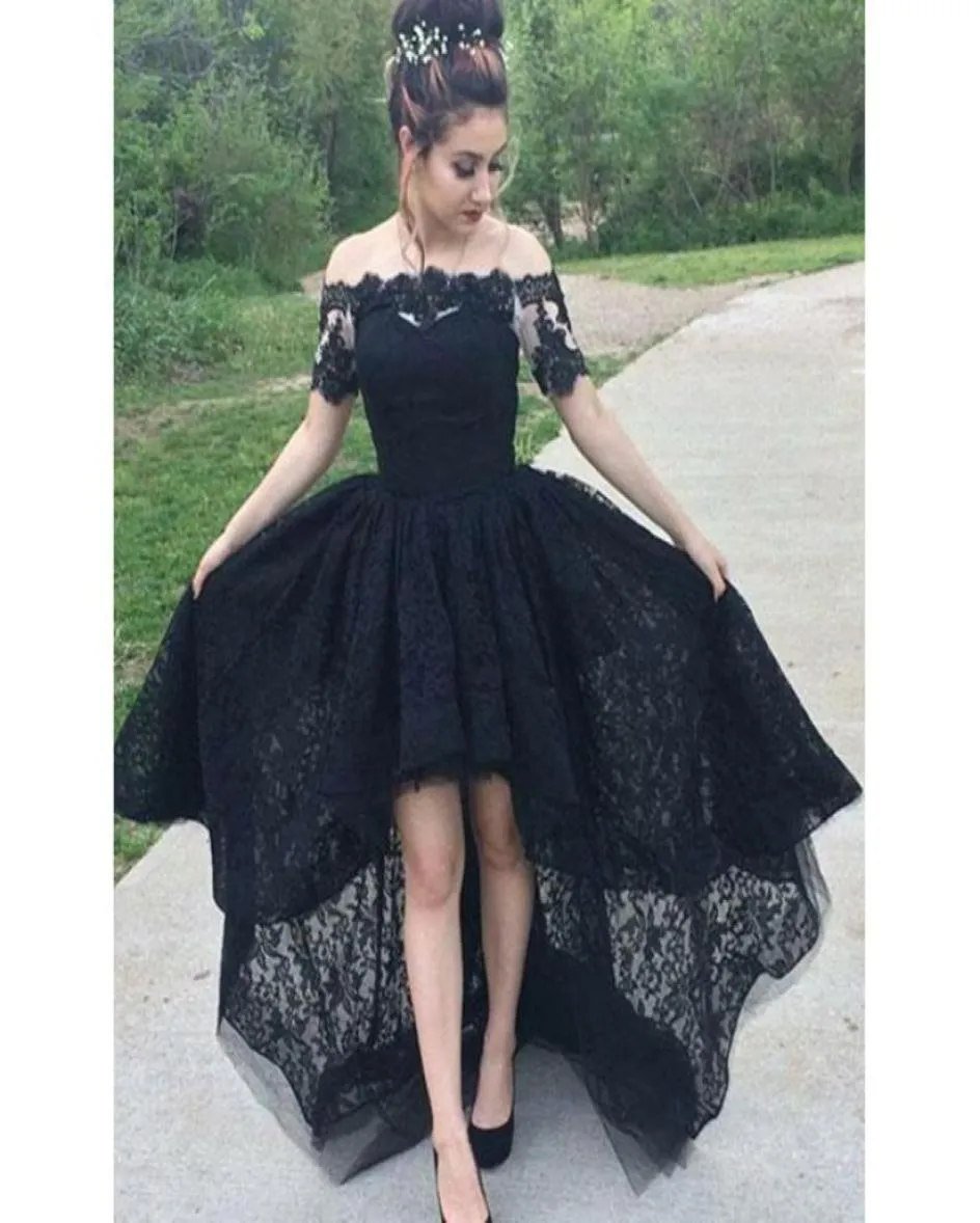 Black Prom Dresses 2019 HiLo Off Shoulder Lace Formal Dresses Evening Wear Short Front Long Back Robe De Soiree Special Occasion 6087295