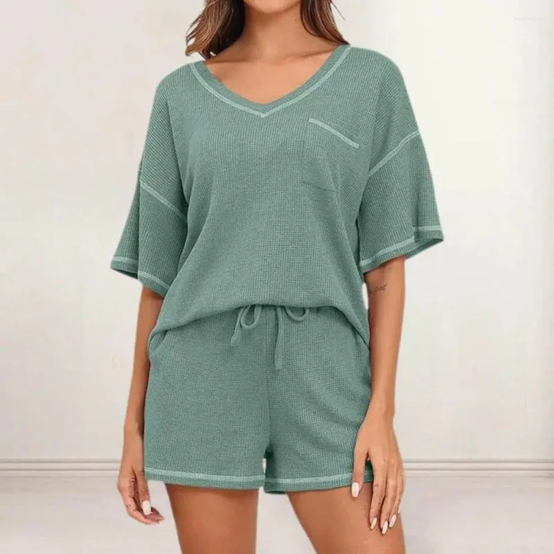 Women's Tracksuits 2 Pcs/Set Women Top Shorts Set Knitted Waffle Texture Short Sleeves Loose Homewear Sports Clothes Summer Pajamas