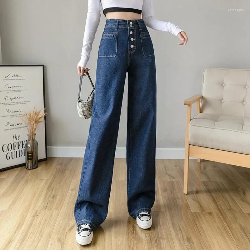 Damen Jeans Frühling Sommer Knopf Hohe Taille Breites Bein Lady Chic Einreiher Gerade Lose Lange Denim Hosen