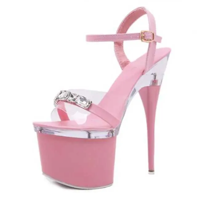 Klänningskor Kvinnor Platform Ankle Strap Sandals Sexy 18cm Ultra High Heels Fashion Nightclub Stripper Pink smalband Summer Stilettosm6fl H240321