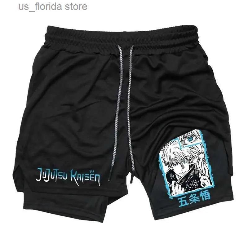 Shorts maschile anime jujutsu kaisen 2 in 1 pantaloncini da compressione per uomini short a secco rapido atletico con tasche allenamento in palestra fitness y240330