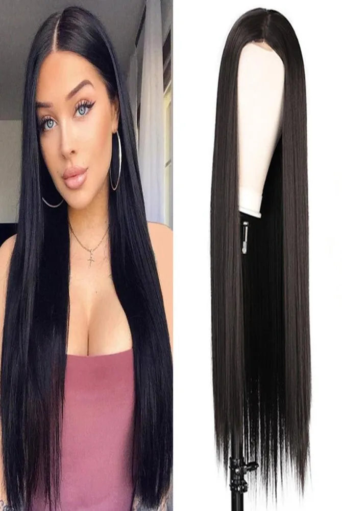 24 inches Natural Black Long Silky Straight Full Wig Human Hair Heat Resistant Glueless Synthetic Lace Front Wigs for Fashion Blac8825307