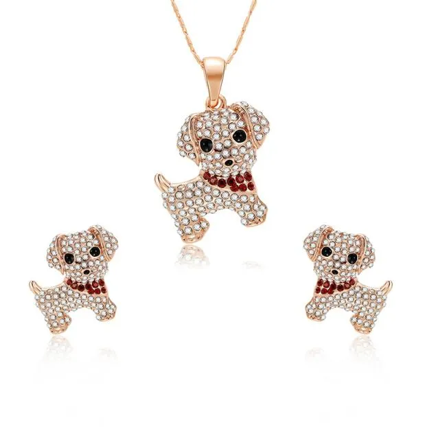 HC mode cristal dessin animé animaux filles enfant cadeau boucles d'oreilles collier ensemble de bijoux mignon beau petit chien pendentif enfants bijoux T1382808