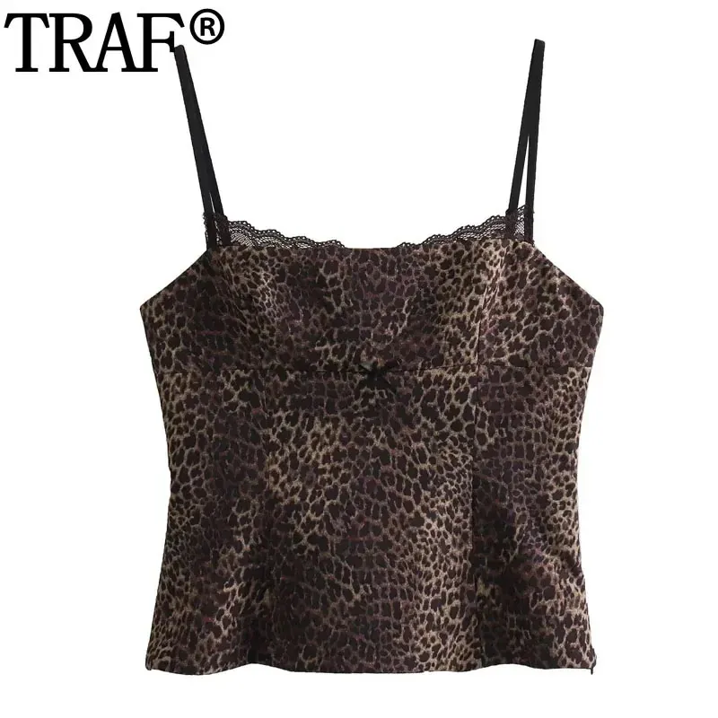 TRAF 2024 Print Leopard Crop Top Women Sleeveless Lace Satin Top Female Backless Sexy Tank Top Woman Vintage Bow Camisole Tops 240408