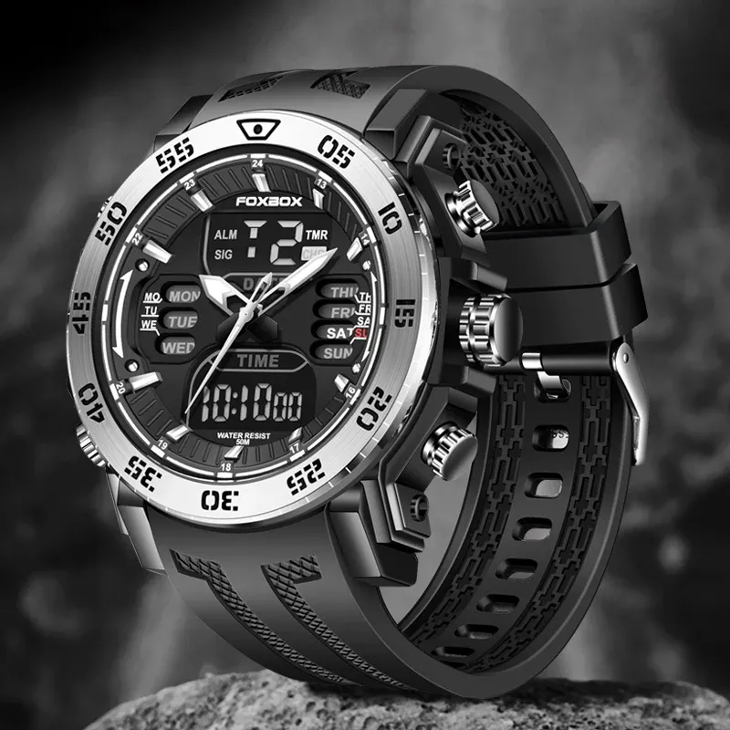 Foxbox Military Men Watch 50mwaterproof Wristwatch Alarm Watches Mens 스포츠 듀얼 디스플레이 디지털 시계 남성 Relogio Masculino