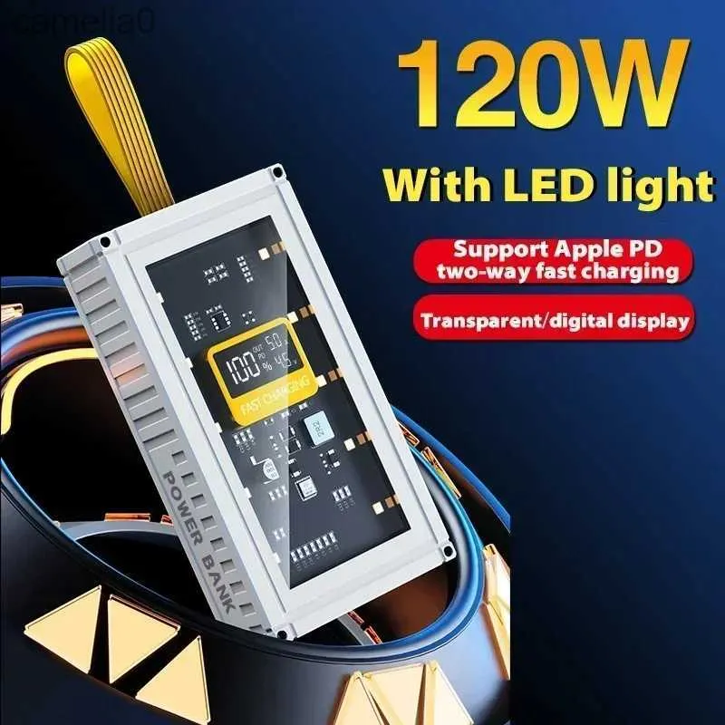 Banques d'alimentation pour téléphone portable Bloc d'alimentation portable 120W grande capacité 80000mAh 20WPD double charge rapide avec écran d'affichage de lumière numérique LED transparent nouveau typeC24320