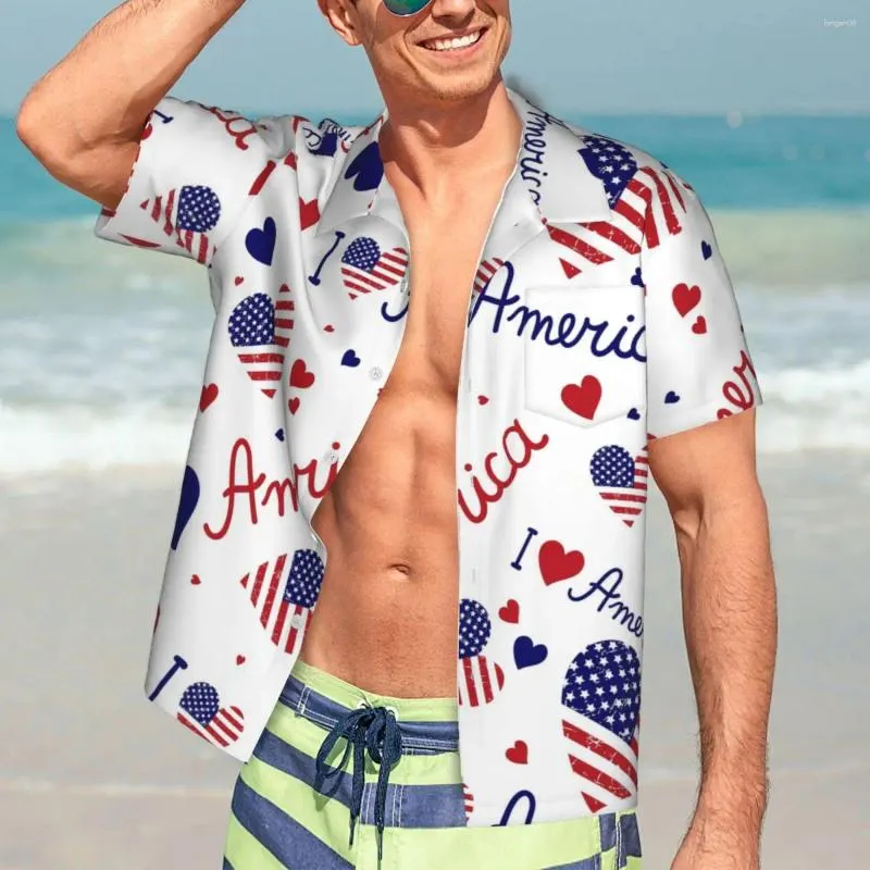 Casual overhemden voor heren Hawaii overhemd vakantie Amerikaanse vlag blouses I Love USA sterren en strepen losse mannelijke korte mouwen Y2K grappige tops