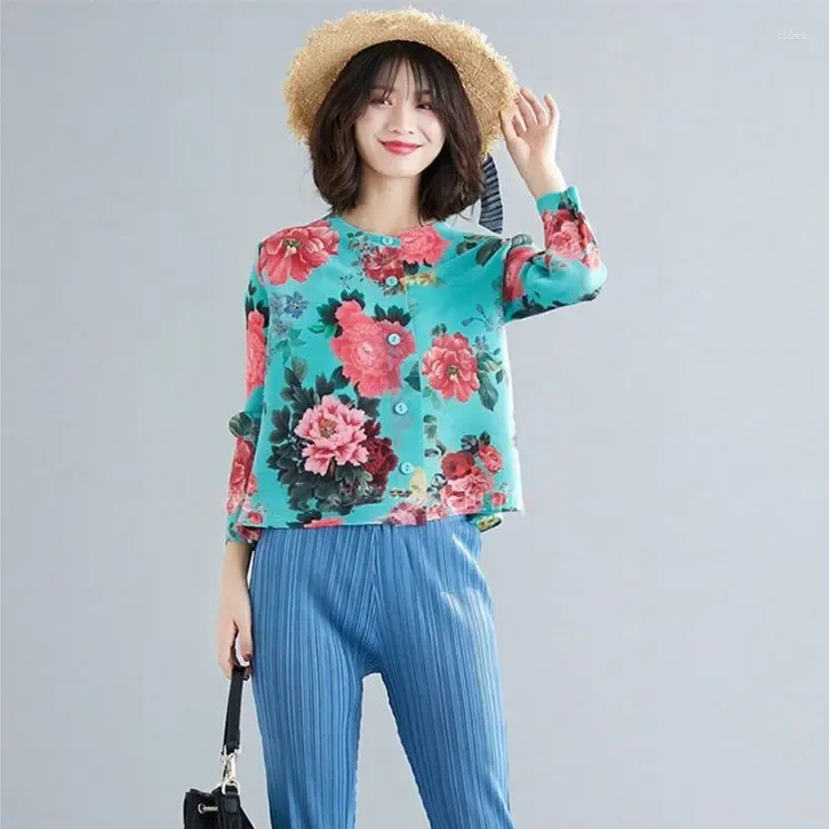 Blusas femininas miyake plissado primavera estilo chinês camisa impressa topo retro moda europeia solto casaco cardigan