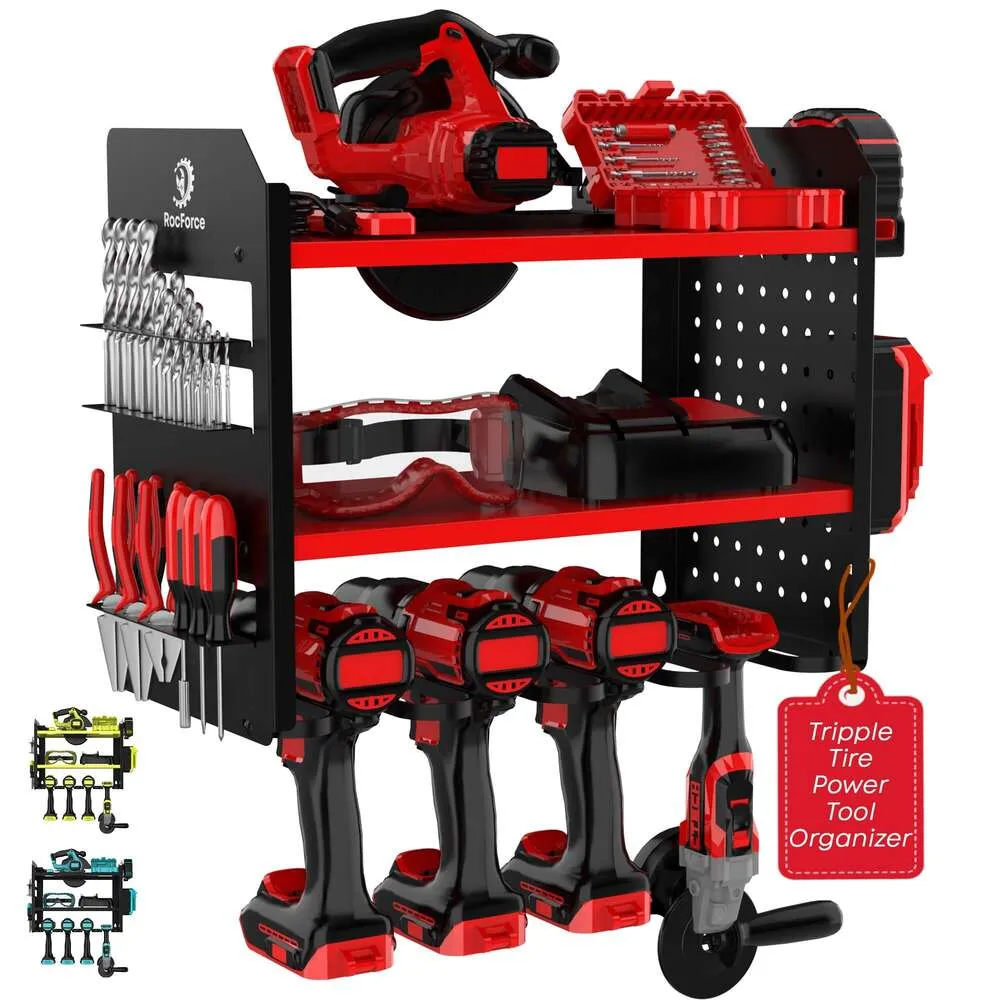 Rocforce Support mural robuste, sans fil avec support de scie et de perceuse, antirouille, rangement sur panneau perforé de garage – Organisateur d'outils efficace pour outils électriques – (rouge)