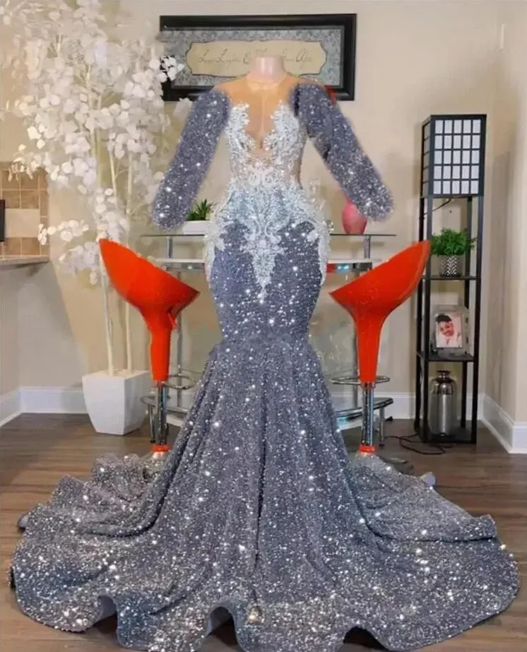 Silver Sequin Mermaid Sparkly Mermaid Prom Dress with Sheer Neckline and Long Sleeves - Perfect for Arabic Aso Ebi, Evening Formal Party, and Second