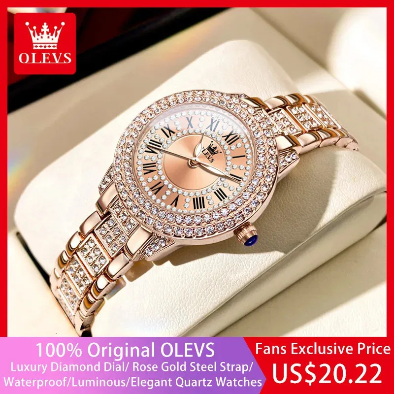 OLEVS Original Diamant-Armbanduhr für Damen, modisch, elegant, Edelstahl, wasserdicht, Quarz-Armbanduhr, luxuriöse Damen-Kleideruhren 240318