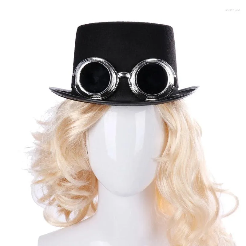 Berets Victorian steampunk Gothic Top Hat z odłączonym gogle Bowler Halloween cosplay karnawałowy akcesorium