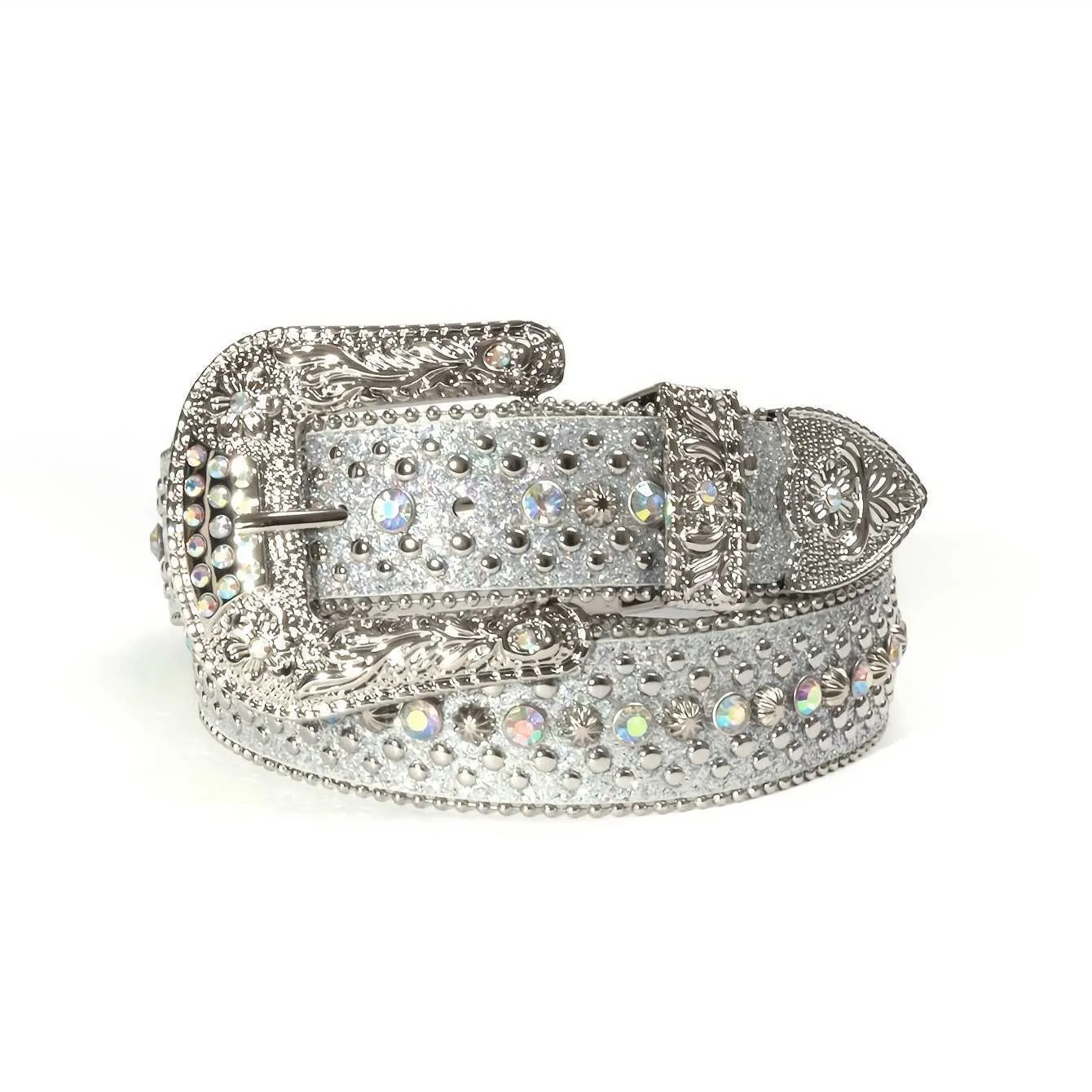 Slivery Rhinestone Western Belt Studded PU Leather... From 