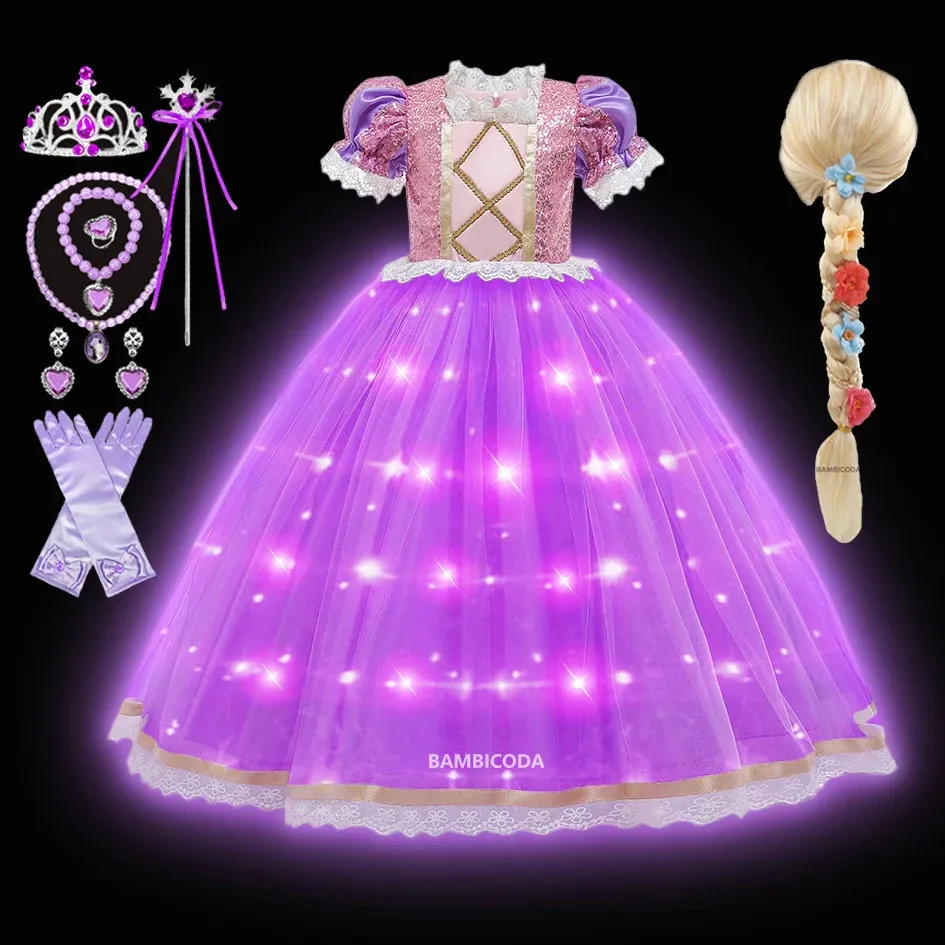 Girl Rapunzel Dress for Kid LED Light Up Halloween Princess Cosplay Costume Birthday Party Gift Purple Sequins Mesh Clothing 240318