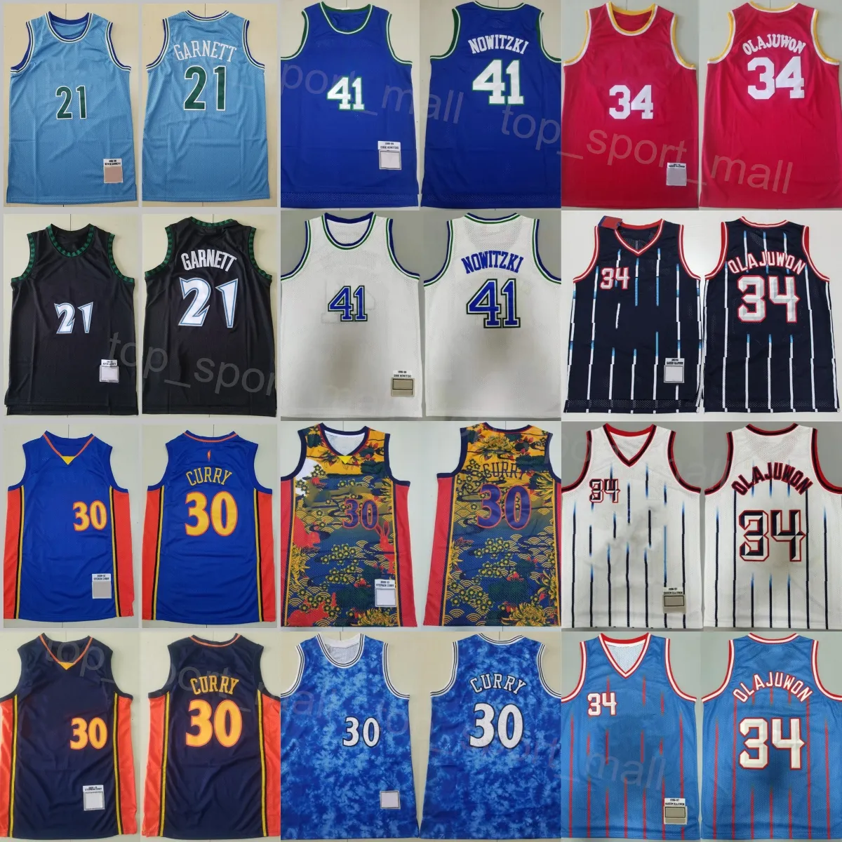 Heren basketbal Vintage Stephen Curry Jersey 30 Throwback Kevin Garnett 21 Dirk Nowitzki 41 Hakeem Olajuwon 34 Retro shirt allemaal gestikt blauw rood wit zwart marineblauw