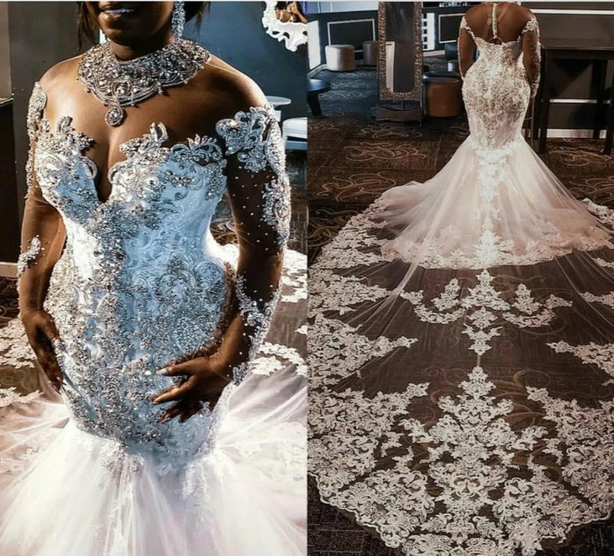 Sheer Mesh Top Lace Mermaid Wedding Dresses 2019 Tulle Lace Applique Pärlade kristaller Långa ärmar Bröllop Brudklänningar med Detach9749816