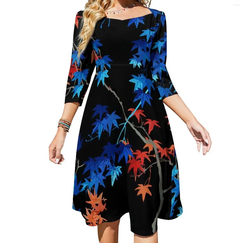 Robes décontractées Robe de feuille élégante Dames Rouge et Bleu Street Style Beach avec Bow Printemps Oversize Robe