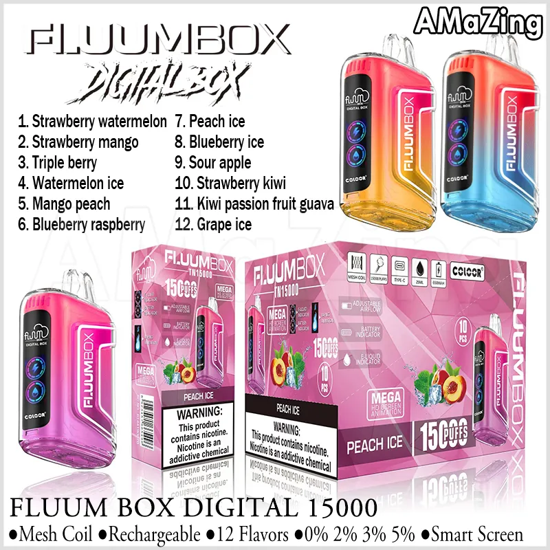 Authentic Fluum Digital Box TN15000 Puff 15k Disposable Vape Bar 15000 Puffs Adjustable Airflow Digital Display Mesh Coil Rechargeable E Cigarettes Vaper