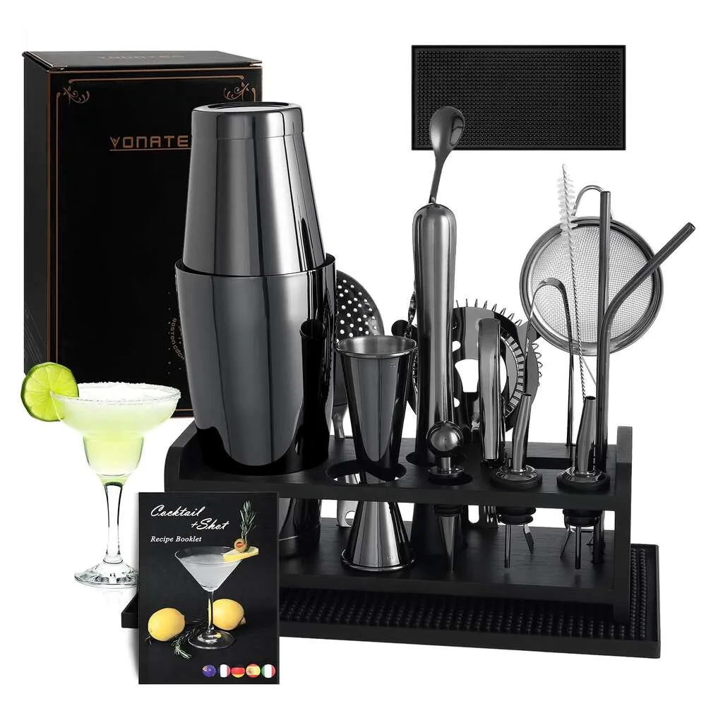 Set Boston Shaker, Set Kit Barman da 18 Pezzi con Ricetta Stand, Tappetini Bartending, Kit Coda Strumenti Bicchieri Professionali, per Mixing Drink Bar Party, Nero