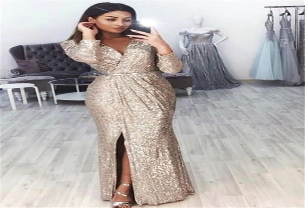 Mermaid Vneck Long Sleeve Split Dress Dresses 2019 Cheap Sequin Evening Wears Cocktail Ball Sweet 16 Dress Orgal Vontal2854652