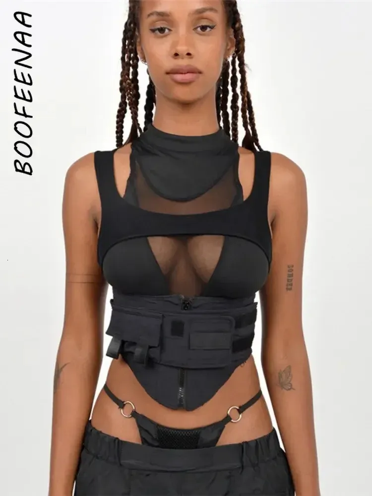 Boofeenaa Street Fashion Sexy Black Croped Tank Top See من خلال Mesh Patchwork Techwear Ocleveless tshirts for Women C87-EZ25 240314