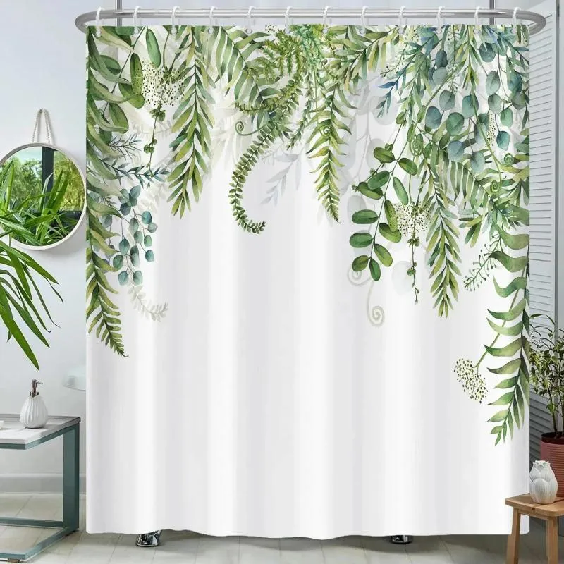 Rideaux de douche Rideau vert Plante Botanique Feuille d'Eucalyptus Aquarelle Feuilles de verdure Ensembles de décoration de salle de bain florale