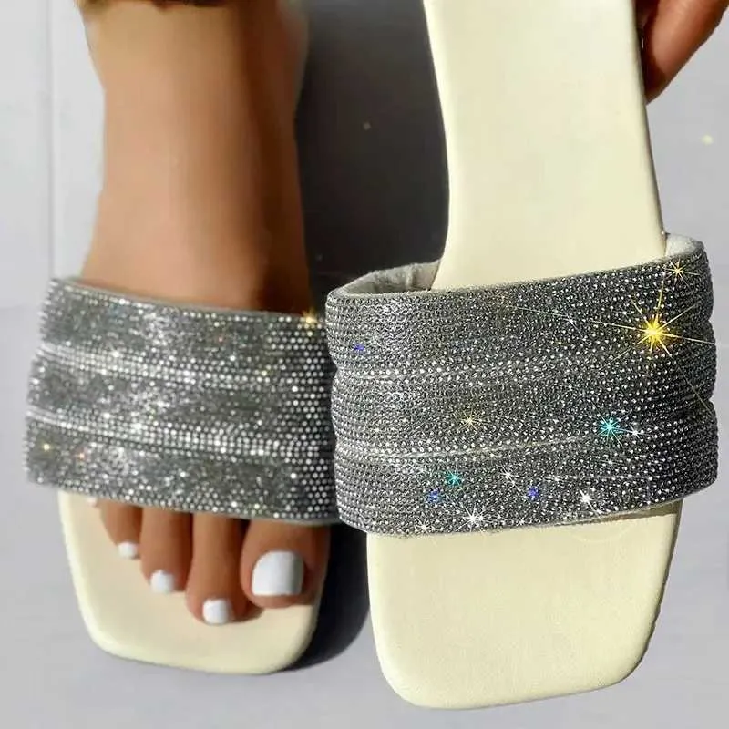 Chinelos das mulheres strass cinta larga praça toe flip flops sandálias planas senhoras sapatos femininos bling luxobscn h240321