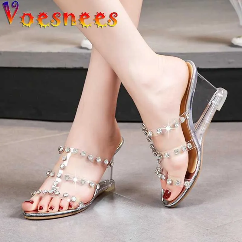 Dress Shoes Fashion Transparent Rhinestone Women Slippers Summer New Modern Wedges High Heels Chain Adult Sandals Sexy Party H240325