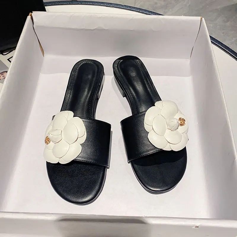 High End Luxury Flower Slippers Women Camellia Shoes Open Toe Slides Femme Outside&Home Pantuflas Sandals Ladies Flip Flops