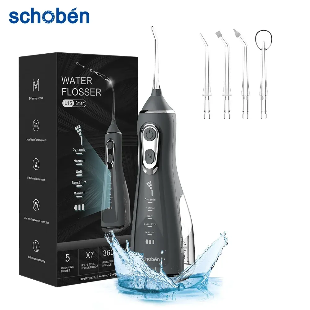 Branqueamento schoben portátil dental irrigador oral água flosser usb recarregável 4 bocais jato de água 300ml tanque água à prova dwaterproof água ipx7