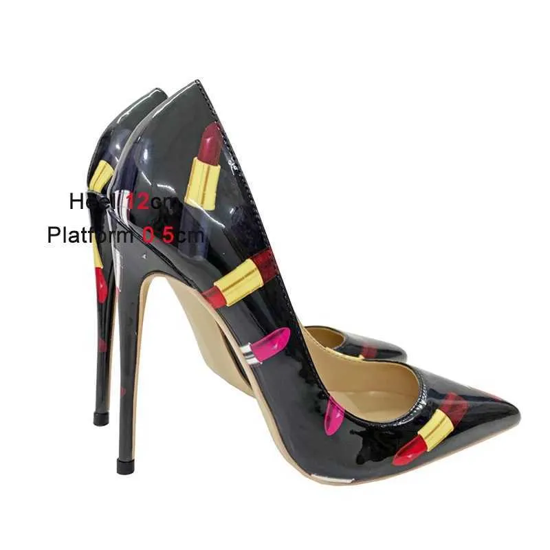 Chaussures de robe Designer Rouge à lèvres Imprimer Talons hauts Discothèque Noir Pointe pointue Français Unique 10cm Mode Fétiche Femmes Pompes Grande Taille H240321YP8CLZSA