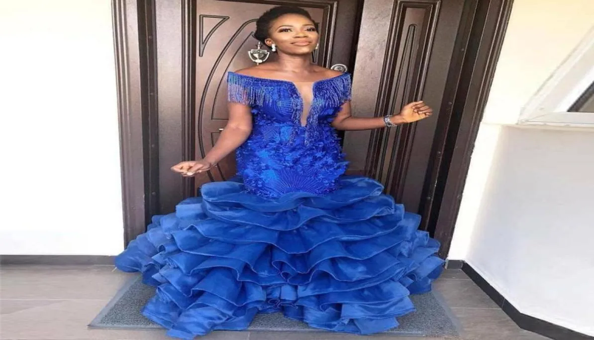 Luxury Royal Blue Off the Shoulder Mermaid Africa Evening Dresses Tassel Beaded Tiered Bottom Pageant Dress Plus Size Prom Gown5687687