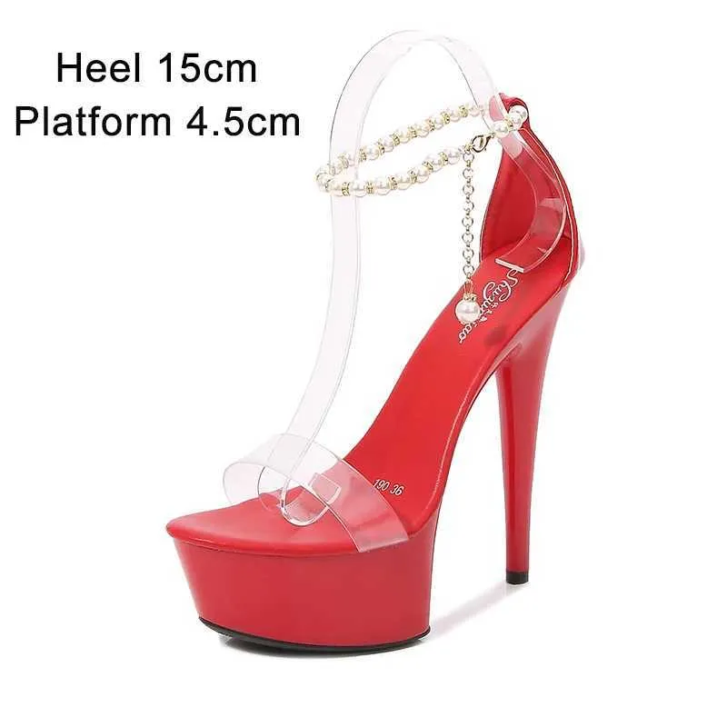 ドレスシューズShuzumiao Sandals Women 2021 Summer New Transparent Word Female Shoe Ankle Strap Platform High Heels 15cm Thin Party H240321YQN3