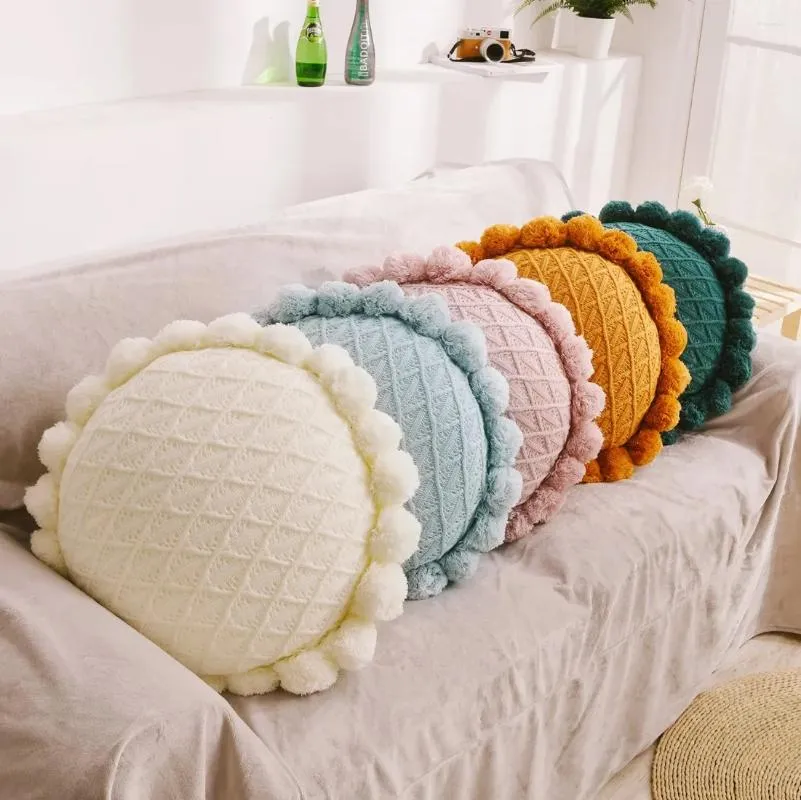 Kudde 50 cm söt pompom tassel rund nordisk heminredning dekorativ för säng soffa fluffig stickad stol bilkast