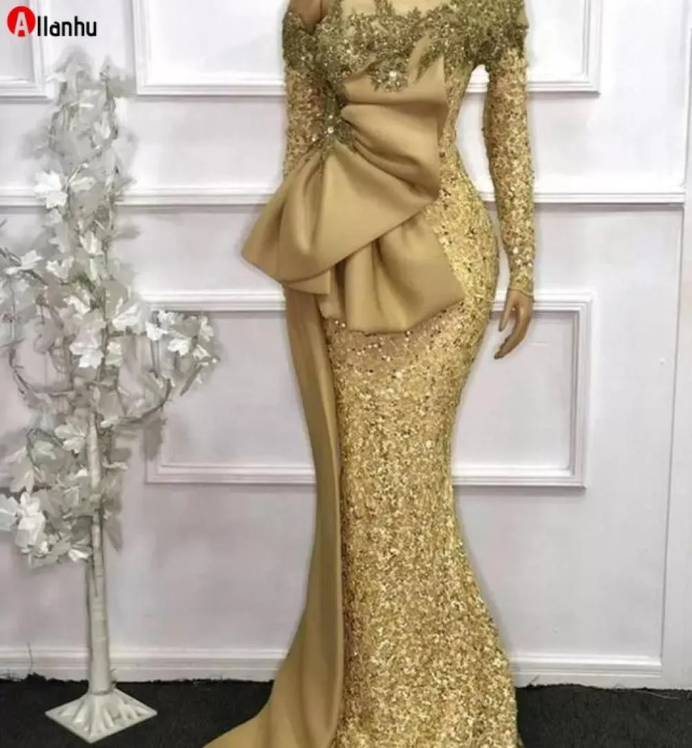 2022 Elegant afrikanska långa ärmar Lace Mermaid aftonklänningar Guld Se genom full ärmar pärlor promklänningar mantel de soiree wjy55634880