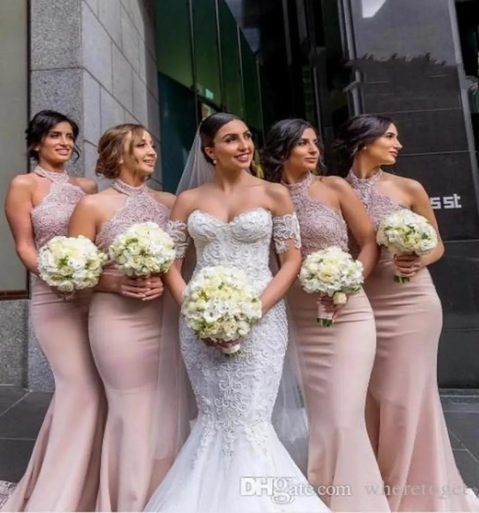 2020 Mermest Mermaid Rose Gold Bridesmaid Dresses Lace Halter Detial Wedding Guots Satin Trupt Custom Made Made of Honor DR3068640