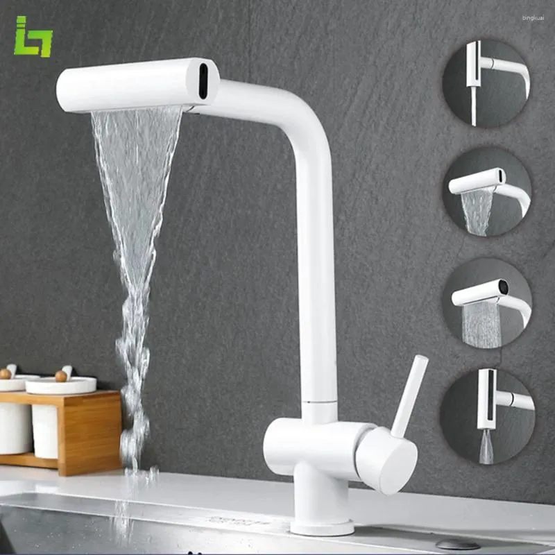 Kitchen Faucets Waterfall White Faucet 360 ° Rotation Cold And Deck Mounted Pull Out Sink Multiple Water Outlet Methods Tap