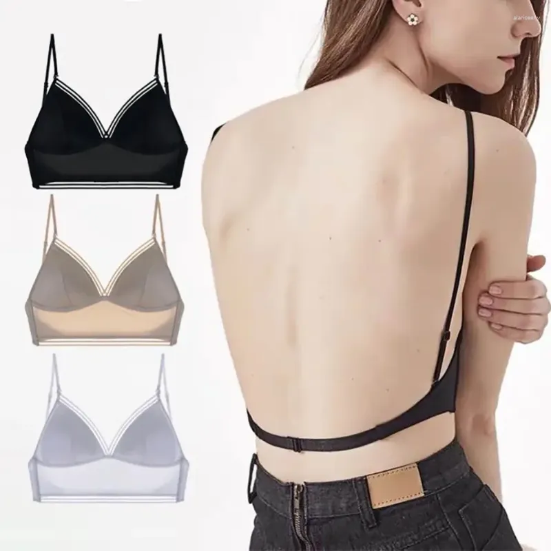 Soutien-gorge sous-vêtements français en forme de U, grand dos ouvert, soutien-gorge en soie glacée, fin, Sexy, Invisible, beau dos, sans anneau en acier, col en V