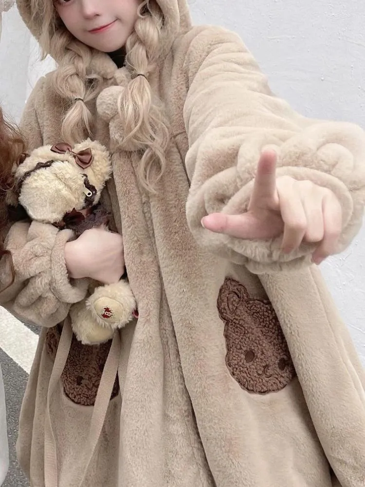 Kvinnor jackor Brown Korea kawaii huva kvinnor Pocket Loose Sweet Lolita Wool Coat Kvinnlig långärmad japansk y2k överrock varm vinter