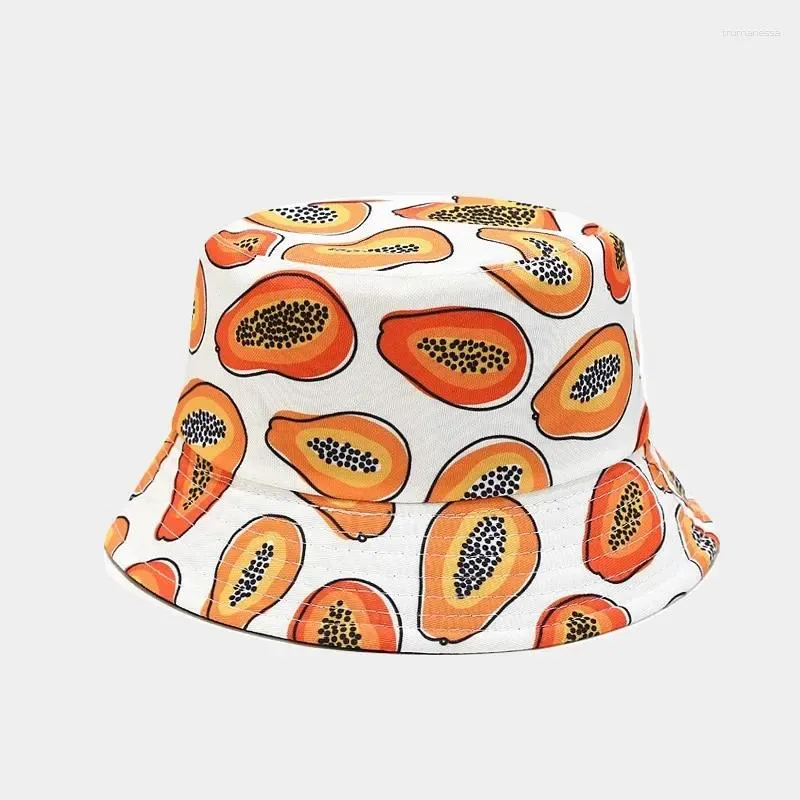 Bérets Été Coton Seau Chapeaux Pour Femmes Hommes Fruits Imprimé Réversible Panama Femme Soleil Pêcheur Chapeau Mode Hip Hop Voyage Plage