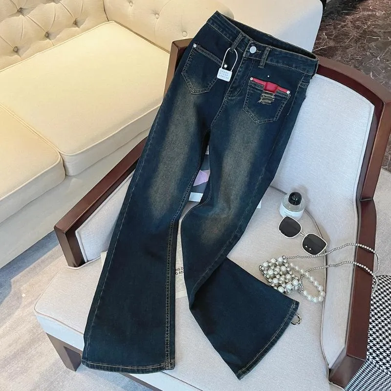Dżinsowe dżinsy amerykańskie vintage niebieskie dzwonki na dno wysokie pasy rozryte kieszenie szerokie nogi stretch streetwear proste spodnie