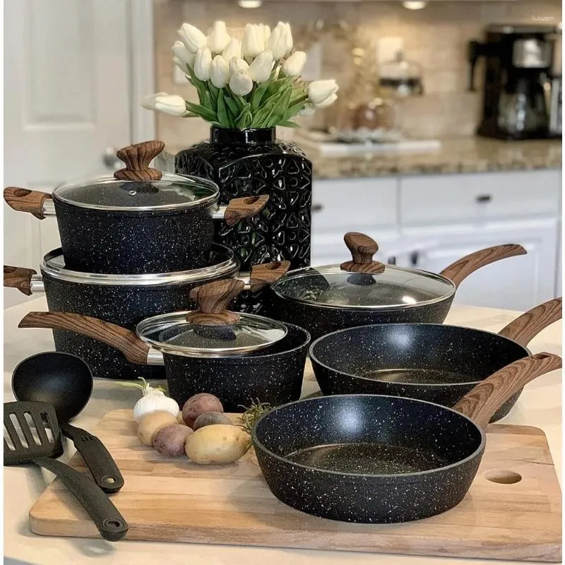 مجموعات أدوات الطهي - 12 قطعة طبخ مقلاة مجموعة أواني سوداء غير لاصقة أسود
