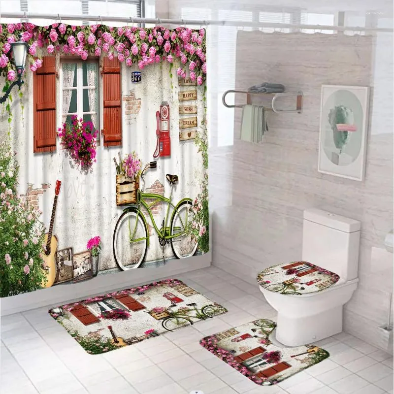 Duschgardiner vintage blommor cykel gardin set rosa rosblommor vägg rustik klassiska badrumsmattor icke-halktoalettlock täcker badmatta