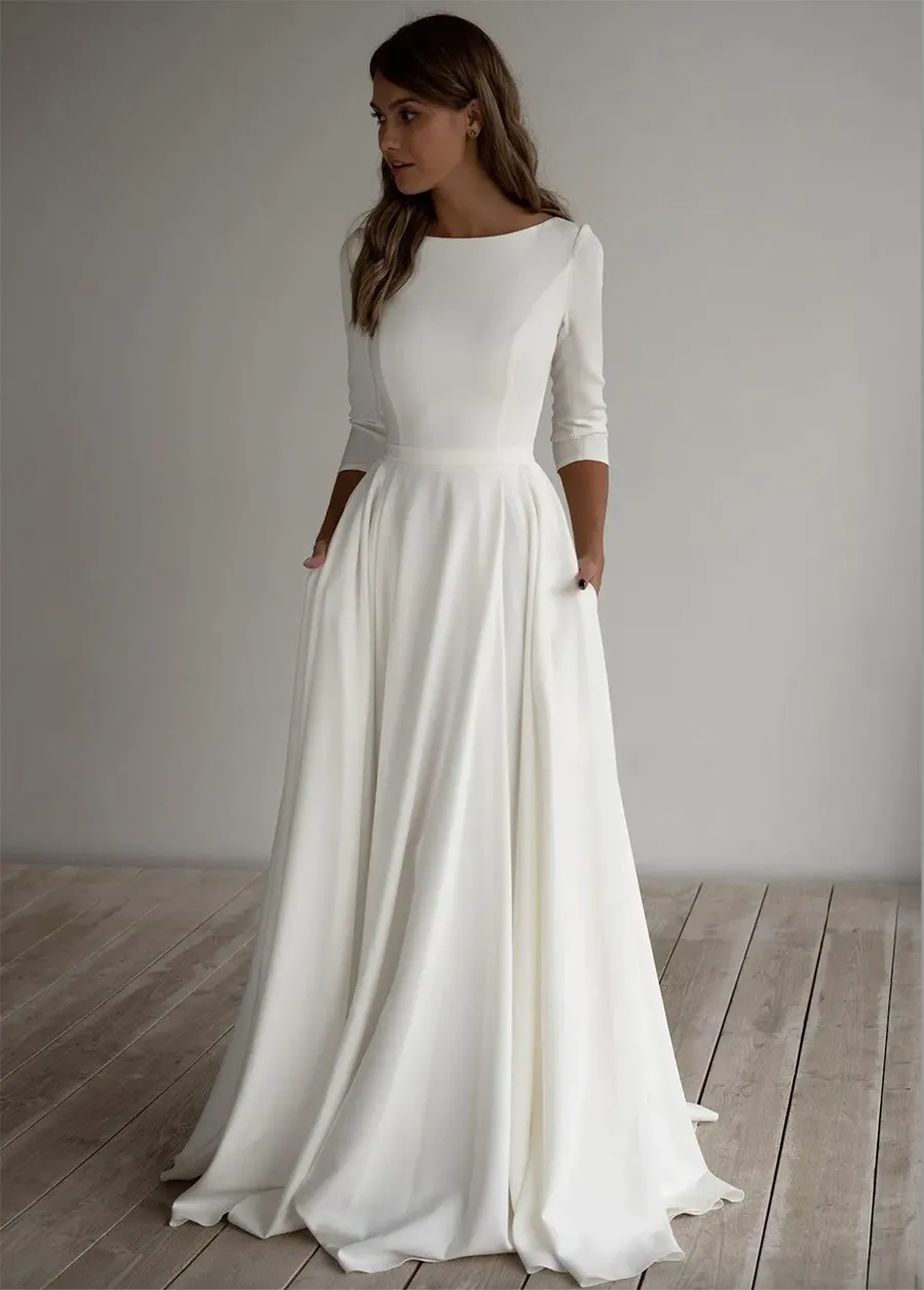 A linha crepe modesto vestido de casamento mangas compridas pockest trem varredura simples elegante informal boho vestidos de noiva mangas feitas sob encomenda