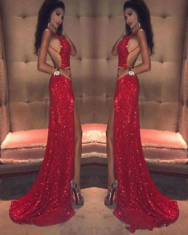 Glittering Mermaid Red Sequined Prom Dresse 2019 Deep VNeck Open Backless Party Dress Sexy Side Split Sweep Train Formal Evening 1888876