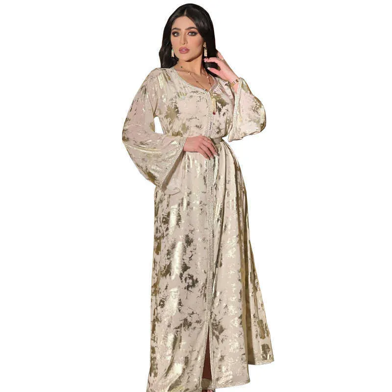 2022 Four Seasons New Muslim Womens Dress Hot Gold Robe femminile in due pezzi con cintura