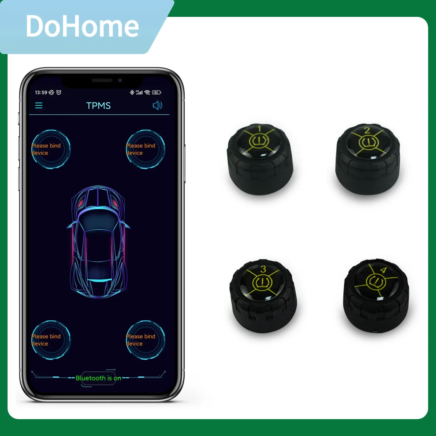 Controle o sistema de monitoramento de pressão dos pneus com 4 sensores externos tpms, modo de alarme de pressão e temperatura, suporte para ios/android com operação de aplicativo