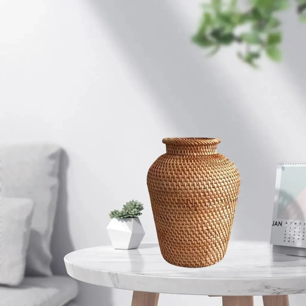 Rustic Style Home Decor Plant Flower Vase Wicker Vase Rustic Woven Rattan Vase Flower Basket Pot for Living Room Decoration