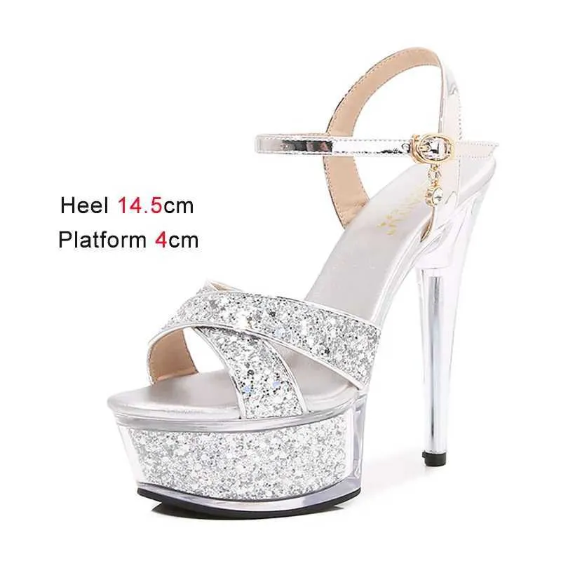 Kleidschuhe Neue Pailletten Slim Heel Damen Wasserdichte Plattform Peep Toe Sandalen Transparente Kristallsohle Sexy Schnallenriemen High Heels H240321